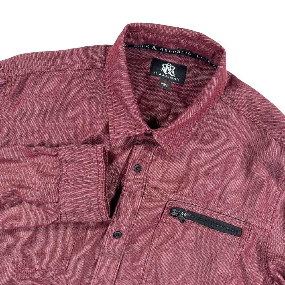 Rock & Republic Mens M Button Down Shirt Burgundy Long Sleeve Casual Zip Pockets